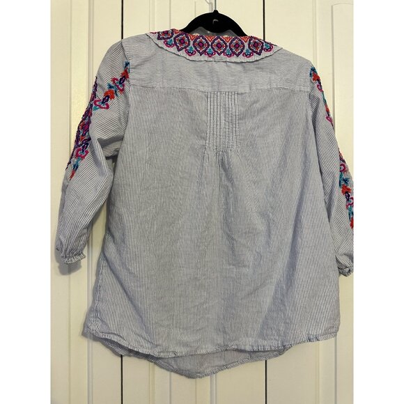 Chicos Embroidered V-Neck Striped Tunic Top Womens Size 1/M/8 Cotton Blend 3/4 S - Picture 4 of 6